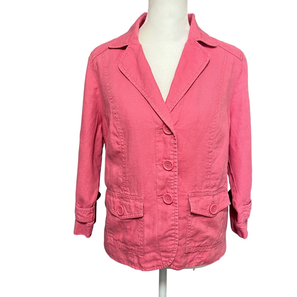 Women's 100% Linen lined Jacket Blazer STUDIO WORKS Black 3/4 sleeves Med Petite